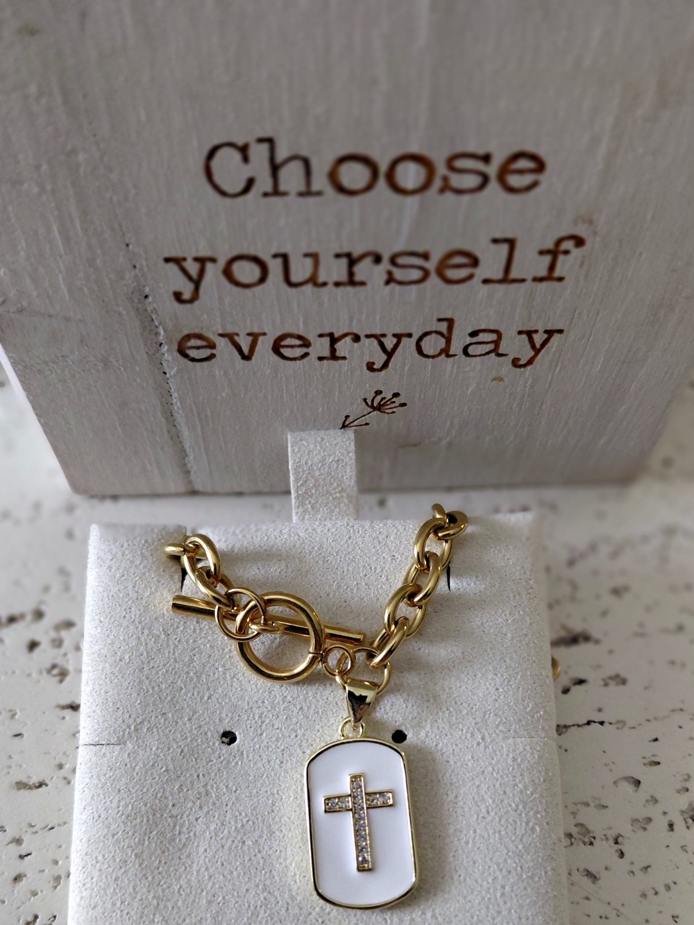 Gold-Tone White Enamel Cross Pendant Necklace